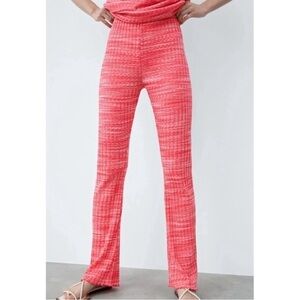 NWT Zara Woman Red Ribbed Stretch Pull On Flare Pants MEDIUM Boho Festival Retro